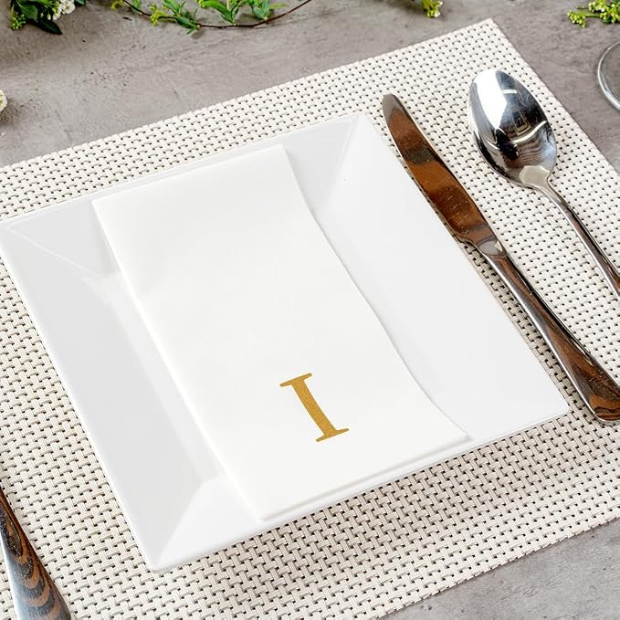Luxenap 15.8 X 7.9 Inch Linen-Feel Guest Towels, 2000 Lettered Hand Towels - Gold Letter 'I', Sans Serif Font, White Paper Dinner Napkins, airlaid, For Restrooms And Tables