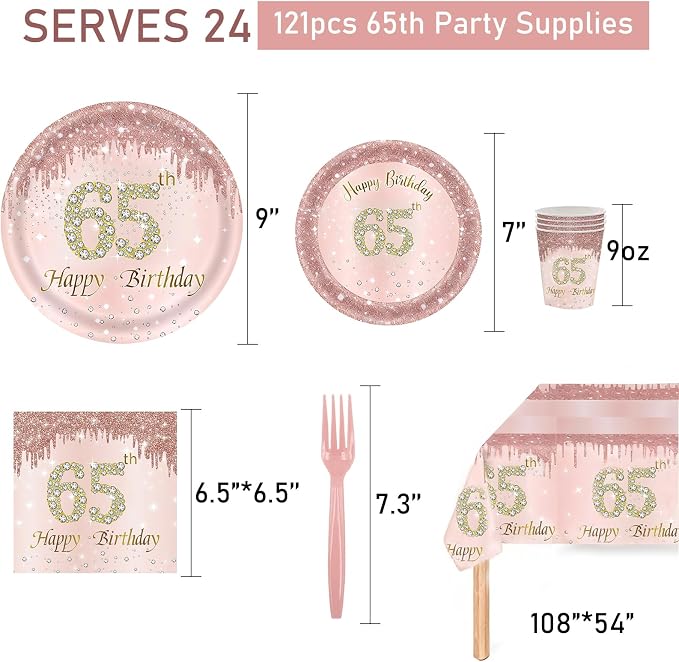 121Pcs 65th Birthday Party Supplies Plates Napkins Cups Forks Tablecloth Rose Gold Happy 65th Birthday Themed Disposable Tableware Decorations Serves 24 Guests for Women Ladies 65 Years Old Birthday