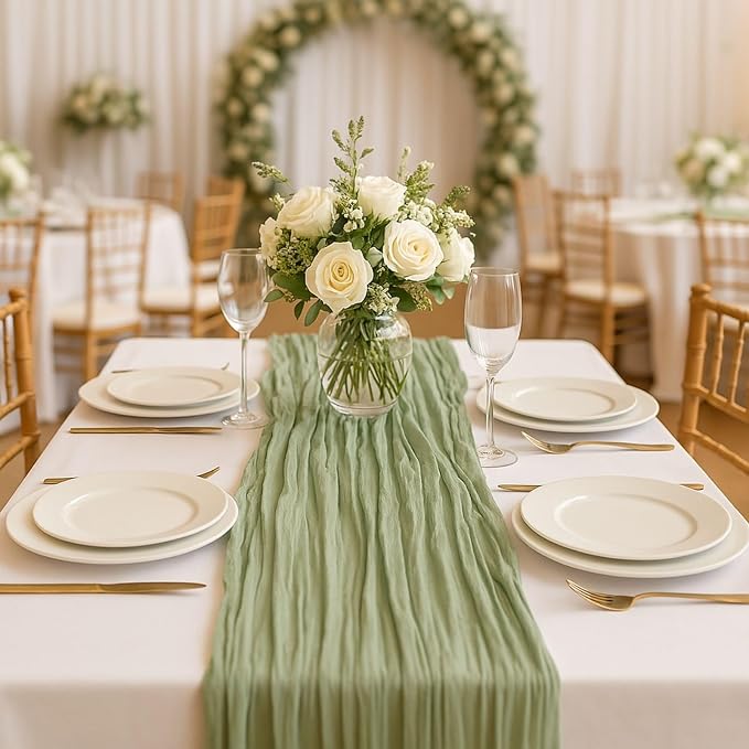 10FT Sage Green Cheesecloth Table Runner – 120 Inch Gauze Table Decor for Rustic Wedding, Garden Baby Shower, Farmhouse Bridal Brunch or Boho Home Styling