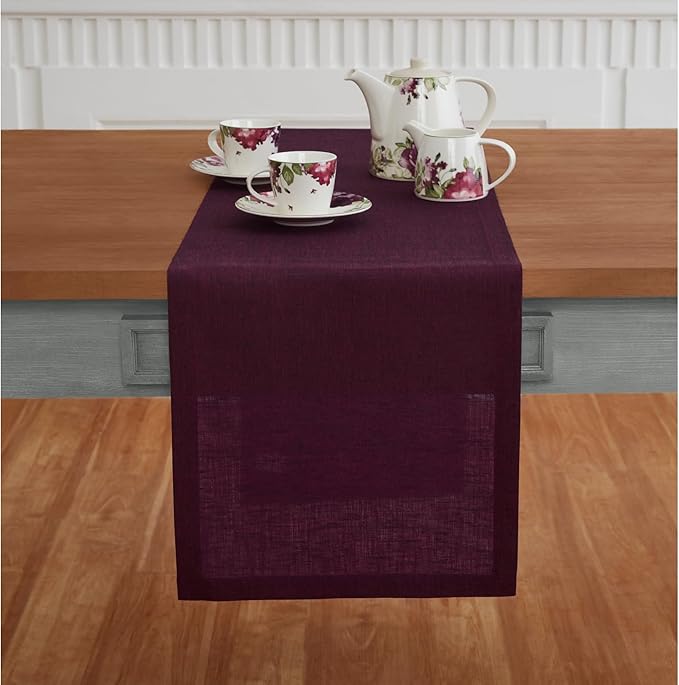 Solino Home Linen Chambray Burgundy Table Runner 120 Inches Long - Athena, 100% Pure Linen 14 x 120 Inch Table Runner for Mothers Day