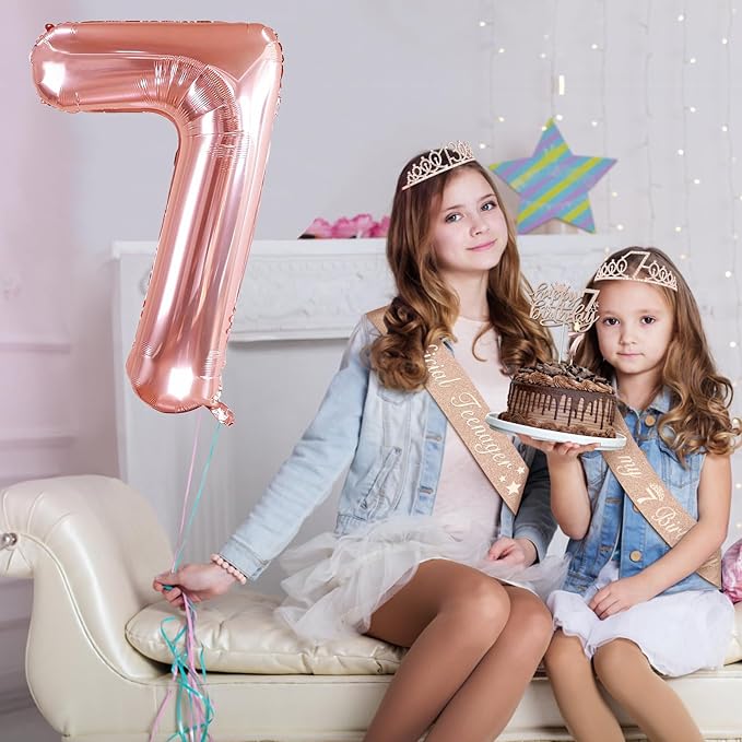7th Birthday Decorations for Girls, Including 7th Birthday Sash and Tiara, Cake Topper and Candle, Number Balloon, 7 Year Old Girl Gifts