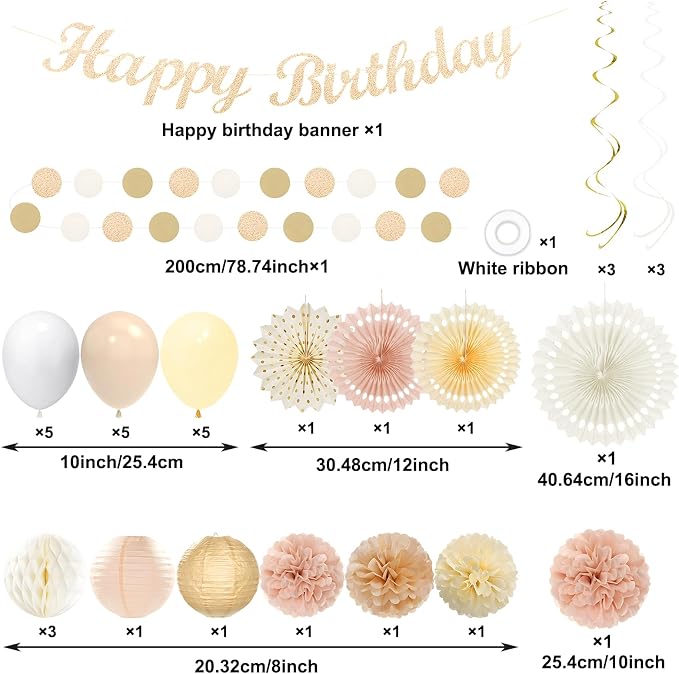 Champagne-Gold Pink Birthday Decorations for Women Girls,Pre-Strung Happy Birthday Banner,Boho Peach Paper Lanterns Tissue Pom Poms Fan,Cream White Balloons,Girl Woman Party Backdrop Supplies