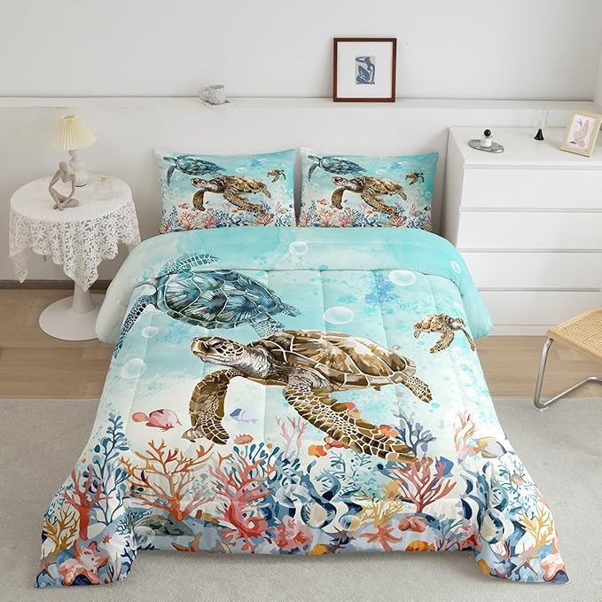 Feelyou Sea Turtle Comforter Set Queen Size Kids Reptile Tortoise Comforter for Boys Girls Teens Ocean Marine Themed Bedding Set Underwater Animal Pattern Duvet Set Summer Quilt