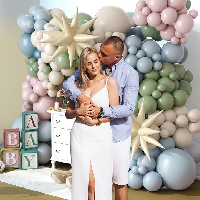 Dusty Blue Green Balloon Garland Arch Kit, Avocado Green Mist Blue White Sand Balloons Kit with Cream Star Balloons for Jungle Safari Neutral Birthday Baby Shower Boho Party Deocrations