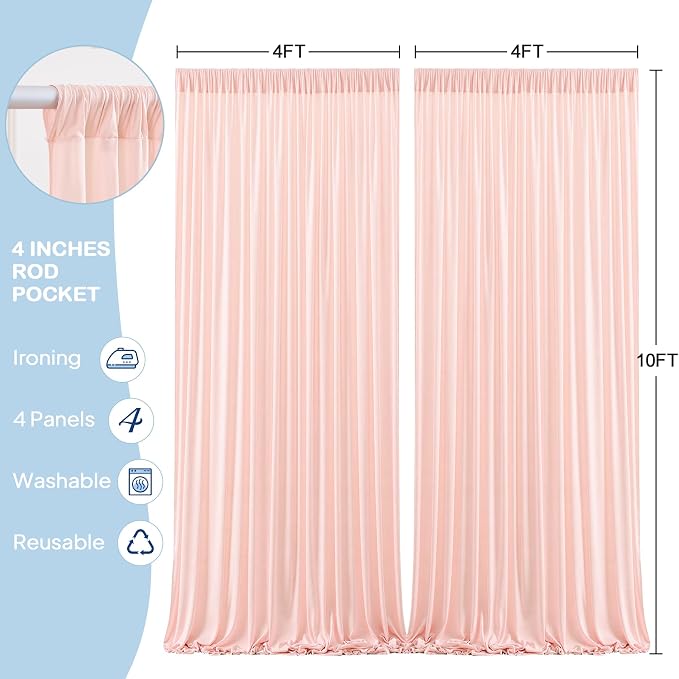 4 Panles Pale Pink Backdrop Curtains - Wrinkle Free Fabric Backdrop Curtain for Photoshoot,10ft Wedding Party Photo Backdrop Drapes for Birthday Baby Shower Photography Stage Background Decorations