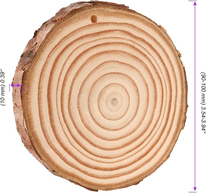 JOIKIT 50PCS 3.5-4 Inches Natural Wood Slices with Pre-drilled Hole, 2/5" Thick Round Ornaments Unfinished Wood Circles Bulk with Bark for Craft Arts, Christmas, DIY Painting, Wedding Decorations