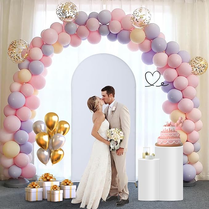 Gawicpy Wedding Arch Backdrop Stand Set Metal Arch Backdrop Stand with Wedding Arch Cover, Wedding Balloon Arch Backdrop Stand for Birthday, Baby Shower, Anniversary (White, 5.9FT+6.6FT+7.2FT)