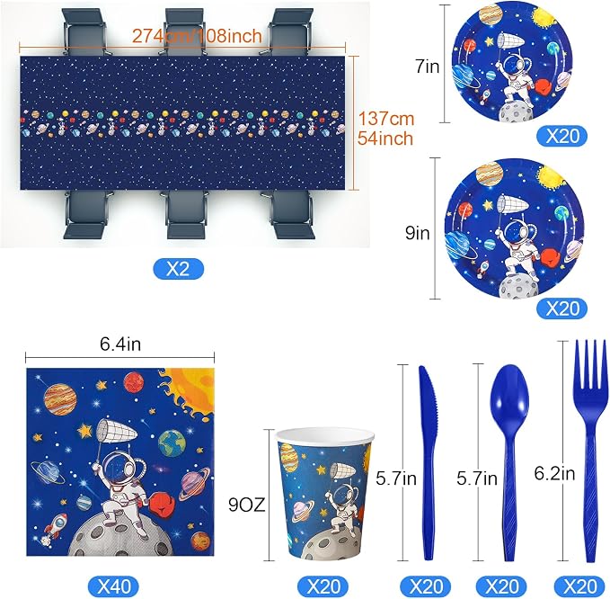 Oudain 162 Pcs Astronaut Space Birthday Party Decorations for 20 Guests Space Plates and Napkins Party Supplies 2 Plastic Solar System Tablecloth Dinnerware Cups Planet Table Cover for Kids