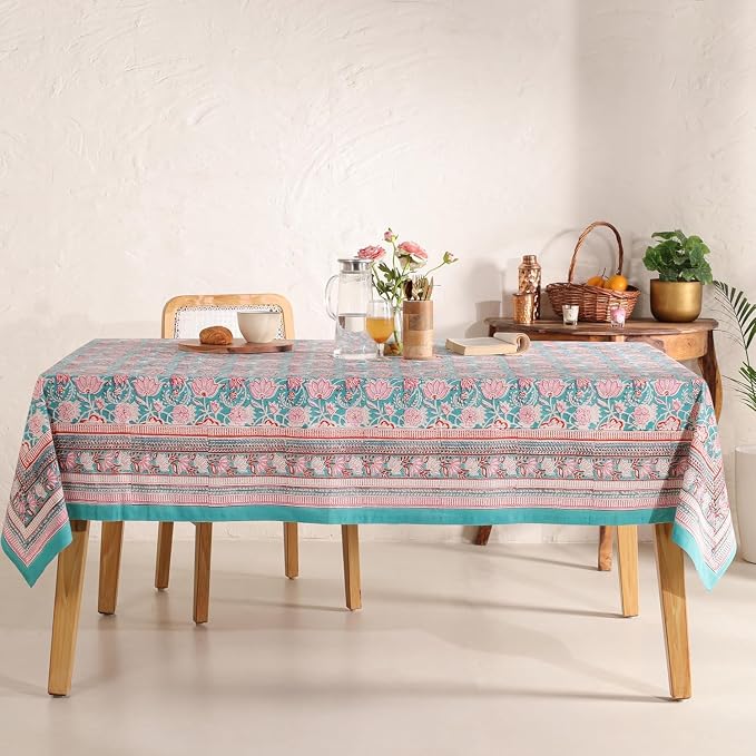 Hand Block Printed Tablecloth, Colorful Floral Print, Indian Artisan Handmade Art, Dining Room, Kitchen, Outdoor Décor, (Green Delight, 12 Seater 72 x 135 Inches Rectangle)