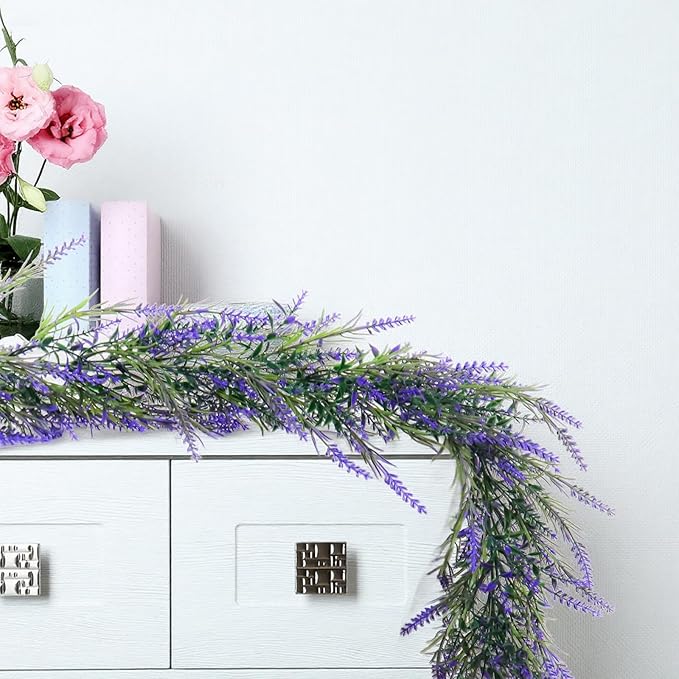 Zerzsy Lavender Purple Artificial Garland, 6Ft Artificial Flower Wreath Vines Decor, All Year Lavender Garlands Decorations for Table Home Wedding Mantle Arch Porch Party (1pcs-Purple)