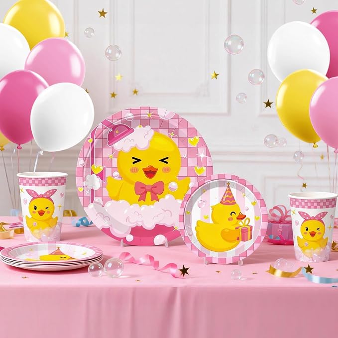 215PCS Pink Duck Birthday Decorations Tableware Set, 25 Serves Disposable Plates and Napkins Set, with Candles, Centerpieces, Banner, Tablecloth, for Duck Party Decorations
