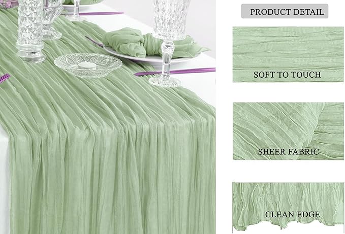 MDS Pack of 25 Cheesecloth Table Runner 35x120 Inch, 10FT Long Gauze Cheese Cloth Table Runner for Wedding Party Birthday Bridal Shower Farmhouse Garden Boho Rustic Table Decoration - Sage Green