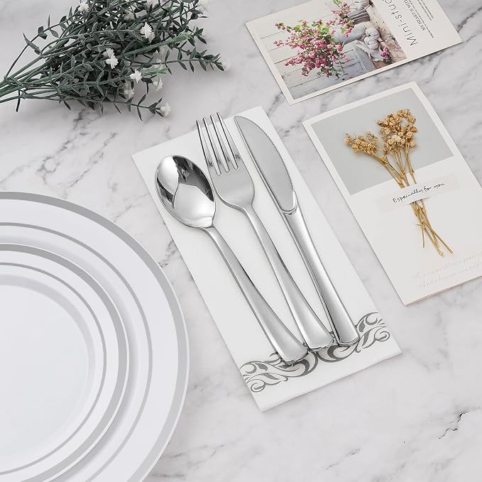 BESTVIP 350 PCS Silver Dinnerware Set for 50 Guests, Plastic Dinnerware Set for Party, Wedding, Christmas, Halloween, Include: 100 Plastic Plates, 50 Silver Silverware, 50 Cups, 50 Paper Napkins