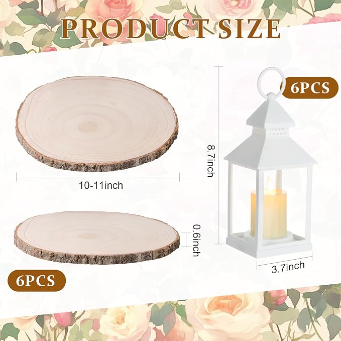 6 Sets Wedding White Decorative Candle Lanterns with Wood Slices Flameless Candle Hanging Lights Rustic Farmhouse Centerpieces Table Decor for Wedding Summer Boho Decoration