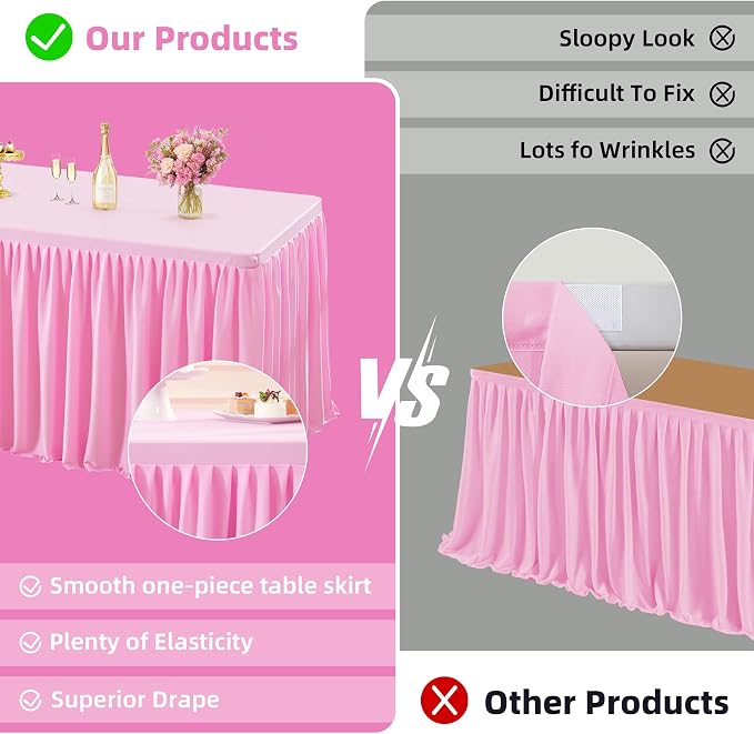 PARTISKY 1 Pack Pink Tablecloths for Rectangle Tables 8ft, Wrinkle Resistant Pink Tablecover Fitted Stretch Table Cloth with Pleated Ruffle Table Skirts for Party Banquet Dining Birthday Wedding