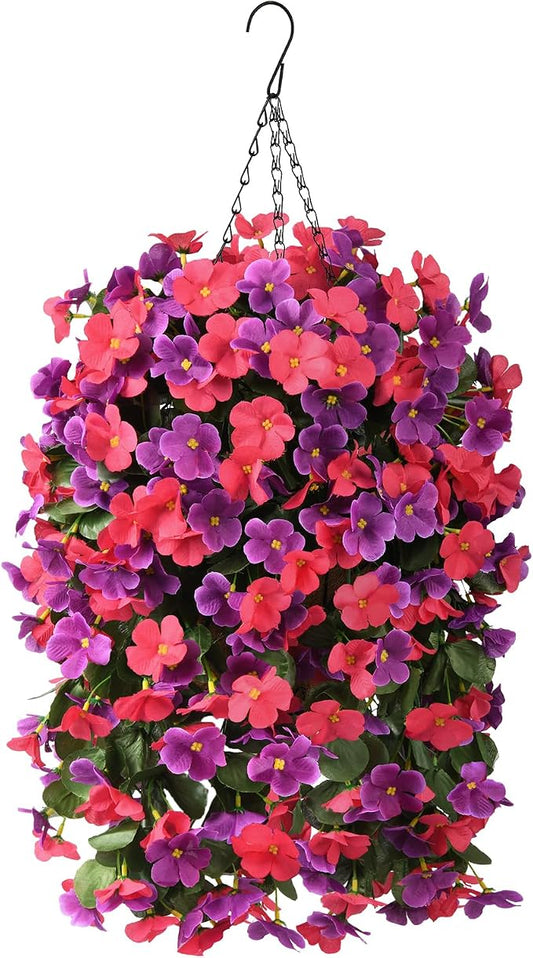 INQCMY Artificial Hanging Flowers Basket for Outdoor Summer Decoration,4pcs Faux Silk Begonia in Planter Look Real UV Resistant for Outside Home Porch Patio Balcony Yard Decor(Orchid Rose Red)