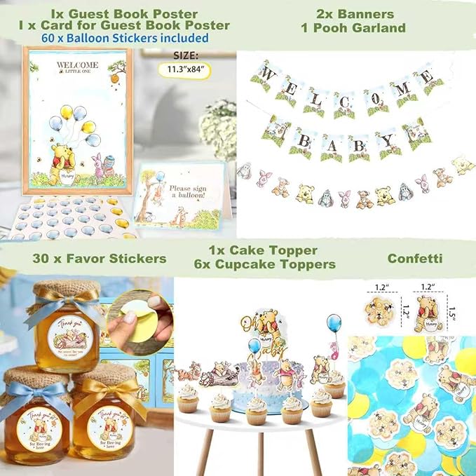 271 Pc Classic Winnie Baby Shower Decorations for Boy – All-In-1 Blue Pooh Baby Shower Balloon Arch, Vintage Pooh Bear Theme Party Decoration Kit with Backdrop, Banners, Baby Boxes, Sash & Table Décor