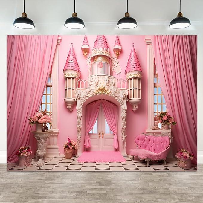 12x10ft Pink Castle Backdrop Room Door Curtain Photography Background Flowers Vases Sofa Princess Girl Birthday Banner Decorations Newborn Baby Shower Wedding Party Portrait Photo Booth Prop
