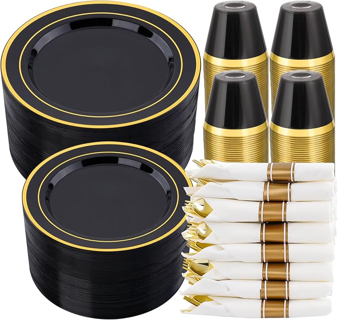 realluck 350 PCS Black Plastic Dinnerware Set for 50 Guests, 100 Disposable Plates for Party, 50 Pre Rolled Napkins with Gold Silverware, 50 Cups for Graduation
