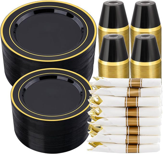 realluck 350 PCS Black Plastic Dinnerware Set for 50 Guests, 100 Disposable Plates for Party, 50 Pre Rolled Napkins with Gold Silverware, 50 Cups for Graduation