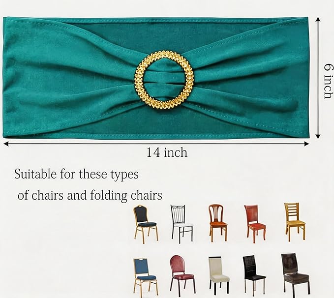 Pack of 50 Spandex Teal Chair Sashes with Gold Buckles, Stretch Chairs Sashes for Wedding Party Baby Shower Ceremony Event Decorations Chair Bands Bows (Teal Sashes, Gold Buckles)