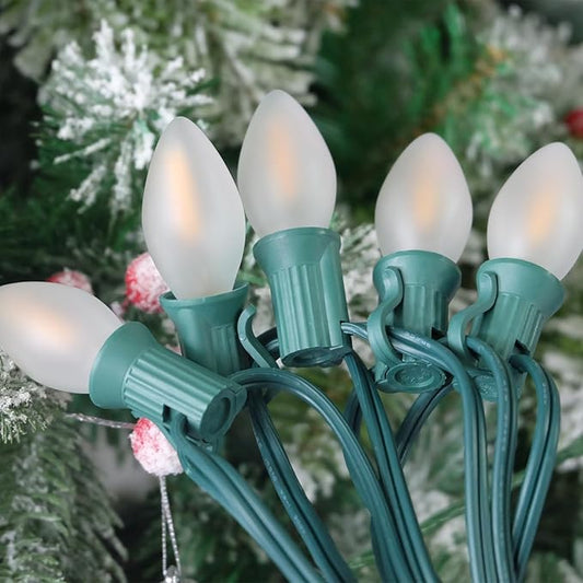 C7 LED Christmas Lights 25Ft Frosted White Outdoor String Lights with 27 Warm White LED Bulbs (2 Spare), Vintage Christmas String Lights for Garden Wedding Party Xmas Decoration