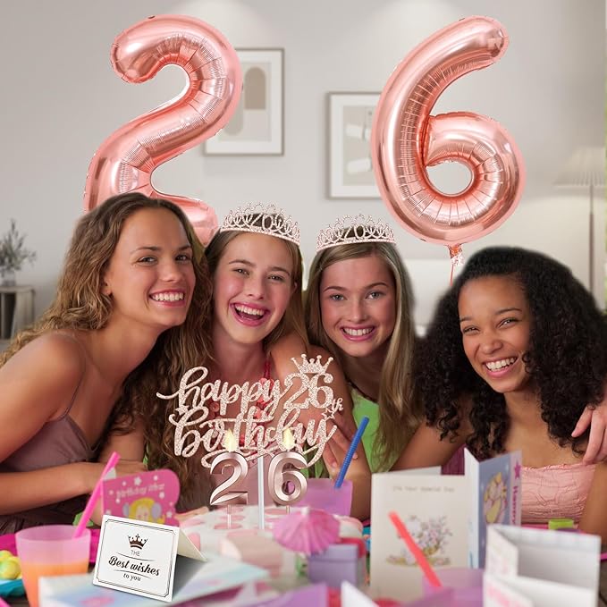 26th Birthday Decorations for Women, Including 26th Birthday Sash and Tiara, Cake Topper and Candles, Number Balloons, 26 Year Old Gifts for Women
