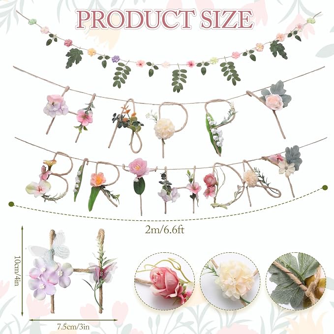Norme 2 Pcs Flower Birthday Banner Birthday Decorations for Women Metal 3D Wildflower Floral Happy Birth Garland Garden Spring Tea Fairy First Party Decoration for Sweet 16 21st 13th 18th 30th 40th