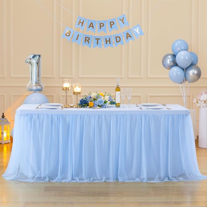 Suppromo Baby Blue Tulle Tablecloth for 4 Foot Rectangular Tables, 48 x 24 Inch White Rectangle Table Cloth, Wrinkle Free Table Cover with Tutu Skirt for Wedding Birthday Party Banquet Tablecover