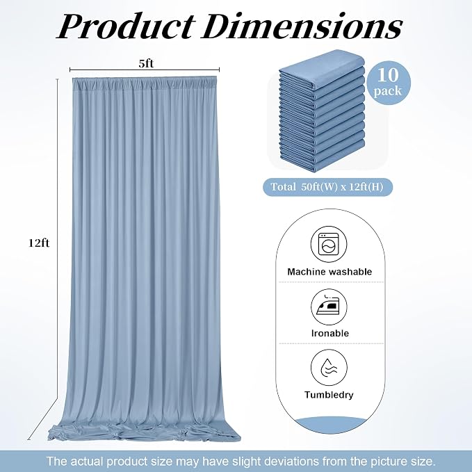 50ft x 12ft Dusty Blue Backdrop Curtains for Parties, Wrinkle Free 10 Panels Photo Backdrop Drapes Back Drop Cloth for Wedding Birthday Photography Background Decor