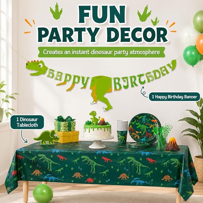 194 PCS Dinosaur Birthday Party Supplies, Dino Tableware Set for 24 Guests with Plates, Cups, Napkins, Straws, Forks, Spoons, Knives, Tablecloth & Banner, Decorations for Boys Kids Baby Shower