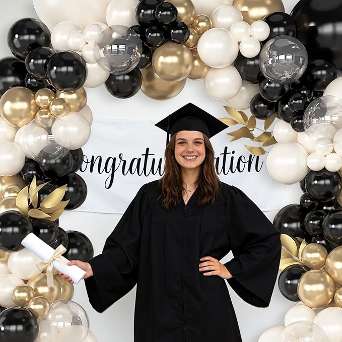 Amandir 173Pcs Black Pearl White Gold Balloons Arch Garland Kit, Pearl White Black Chrome Gold Clear Balloons for Graduation Retirement Wedding Coquette Birthday Bachelorette Party Decorations