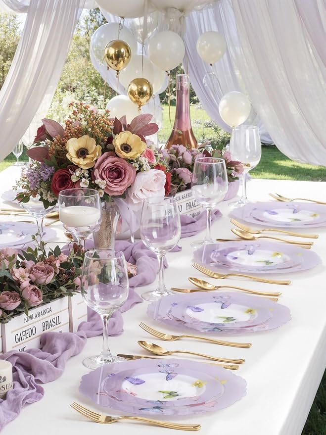 WDF 20PCS Purple Butterfly Plates - Baroque Spring Plates Disposable - Butterfly Party Decorations for Birthdays/Tea Party/Bridal Shower/Mother's Day