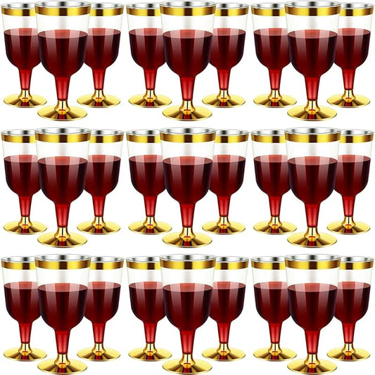 CHENGU 100 Pcs Plastic Wine Glasses 7 oz Gold Rimmed Mini Stemware with Removable Base for Wedding Parties Birthday Anniversary Champagne Toasting(gold)