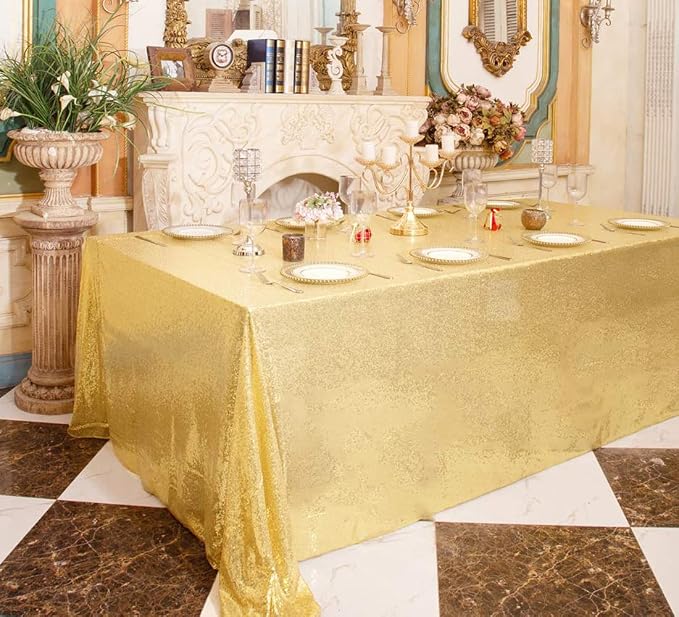 Juya Delight 90" x 156" Bright Gold Sequin Rectangular‌ Tablecloth for Wedding Birthday Party Festival Ceremony Cake Dessert Table