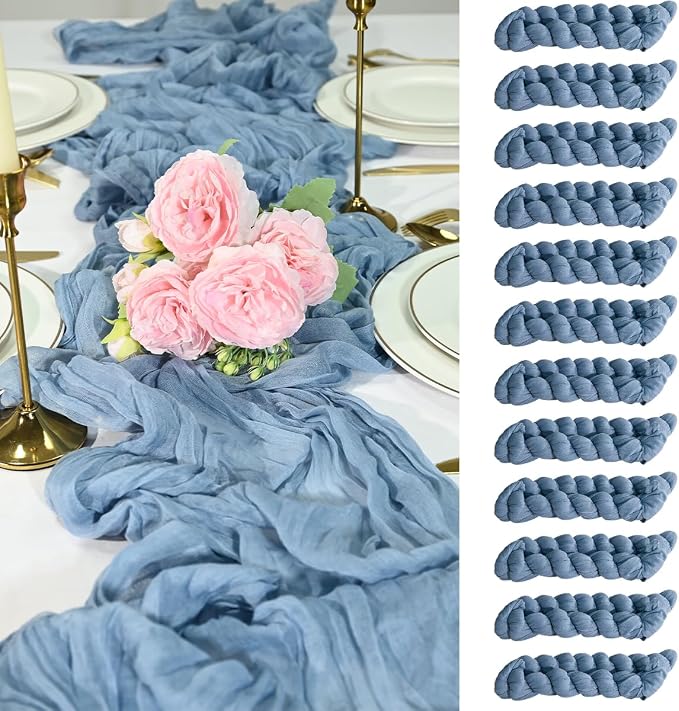 12 Pack Dusty Blue Cheesecloth Table Runners 35x120 Inch, Wide Pleated Boho Gauze Runner for Wedding Baby Shower Birthday Party, Semi-Sheer Rustic Table Decor