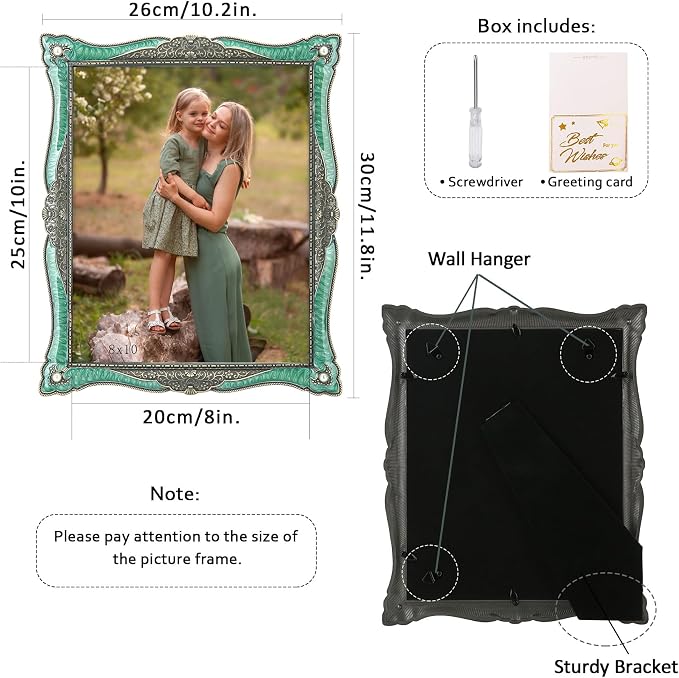 8x10 Vintage Green Enamel Metal Picture Frame Unique Ornate Gemstone Photo Frames with Glass Front, Tabletop Art Decoration, Creative Gifts for Women, Horizontally & Vertically