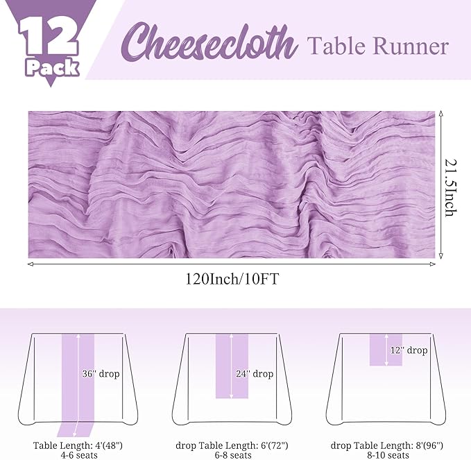12 Pack Lavender Table Runner 10Ft Cheesecloth Table Runner Rustic Gauze Table Runners Romantic Long Sheer Fabric Cheese Cloth Table Runners for Wedding Party Bridal Baby Shower