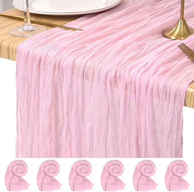 6 Pack Cheesecloth Table Runner Light Pink 10Ft Rustic Boho Gauze Table Runner Romantic Long Sheer Fabric Cheesecloth Table Runner for Wedding Festival Birthday Anniversary Dinner Outdoor Events