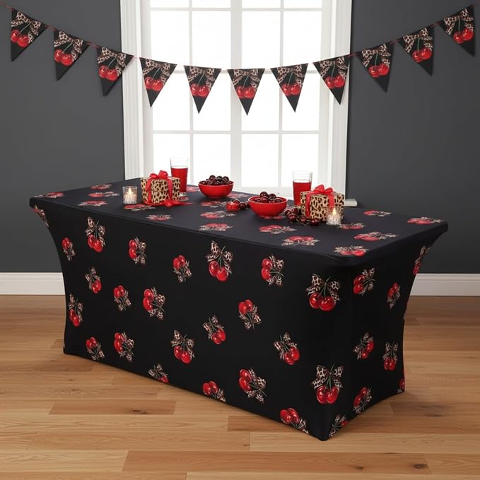 Frienda 1 Pcs Cheetah and Cherry Tablecloth Birthday Party Decorations Spandex Stretch 71 x 30'' Red and Black Cherry Table Cloth Rectangle Table Cover for Birthday Baby Shower Wedding Party Favors
