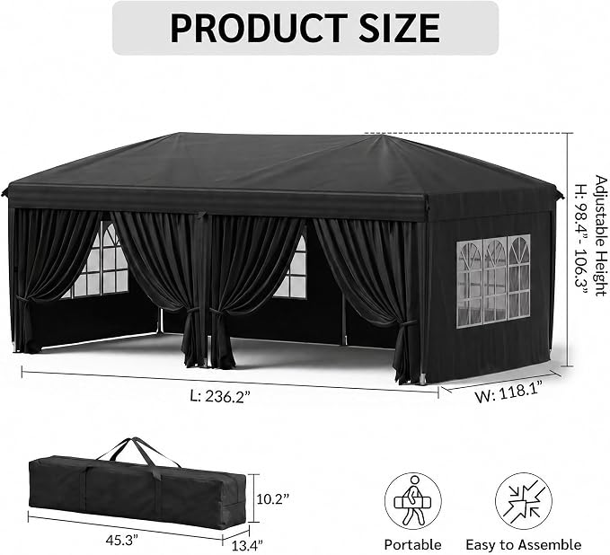 KIGOTY 10x20 FT Portable Pop Up Canopy Tent, Adjustable Height Instant Gazebo with Sidewalls, Sandbags, Waterproof Outdoor Canopy for Camping, Parties, Vendor Events (Black, 3m × 6m with sidewalls)