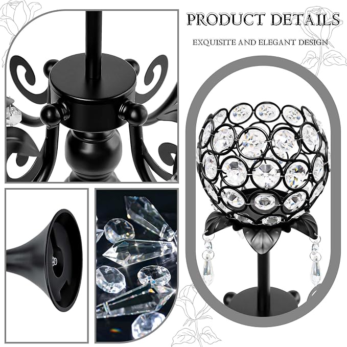 Crystal Tea Light Candle Holders Set - 14" L x 22.5" H Matte Black Metal & Sparkling Accents, Wedding & Party Centerpiece Decor(2, Black)