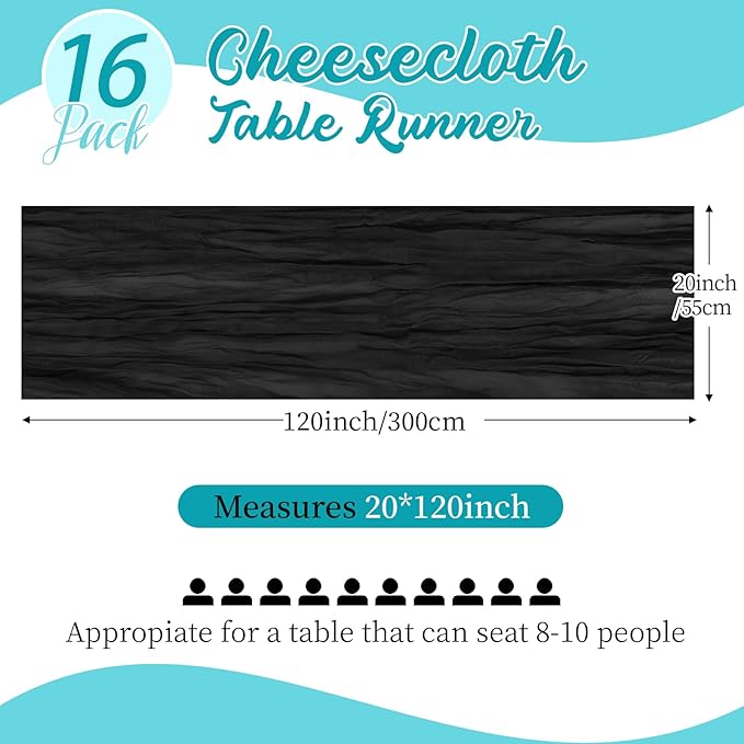 16 Pack Black Cheesecloth Table Runners 20x120 Inch Gauze Table Runner Cheese Cloth 10FT Black Table Runner Rustic Sheer Runner for Wedding Baby Shower Birthday Party Table Decor
