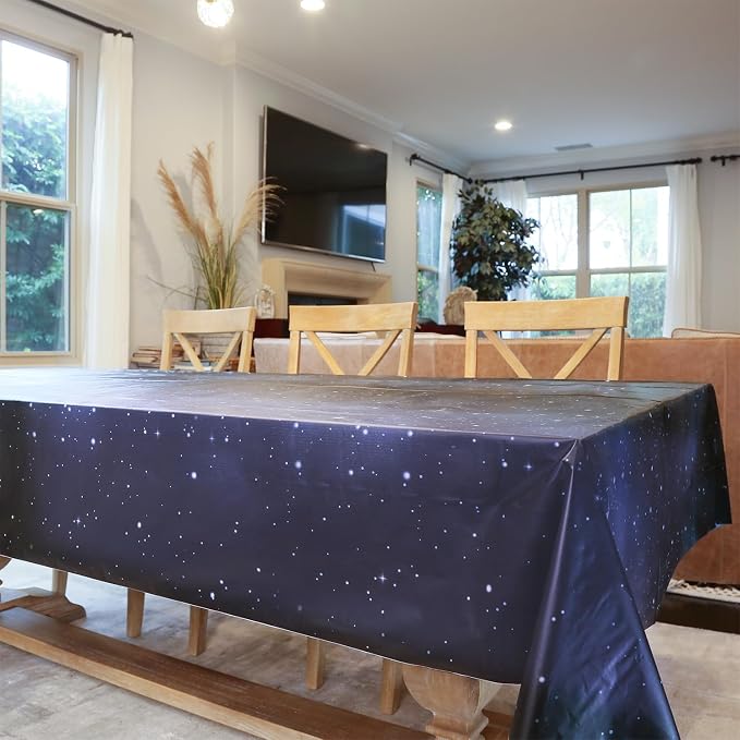 Disposable Tablecloth Roll 54" x 100' with Built-in Cutter Box – Heavy Duty Waterproof, Wrinkle-Resistant Plastic Table Cover – Cut to Size for Rectangle, Round & Oval Tables – Starry Sky