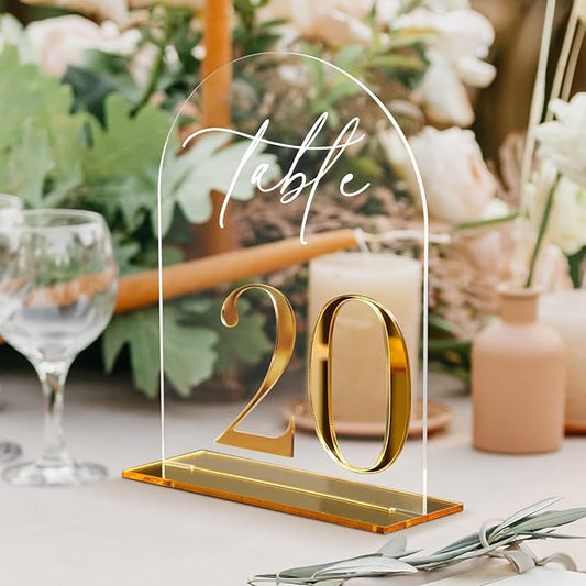 HOODO Clear Arch Wedding table numbers 1-20 with Stands, 5"x7" Arched Acrylic Signs with Gold Mirror Numbers, Clear and Gold Acrylic Table Numbers for Wedding Reception, Party, Anniversary, Event
