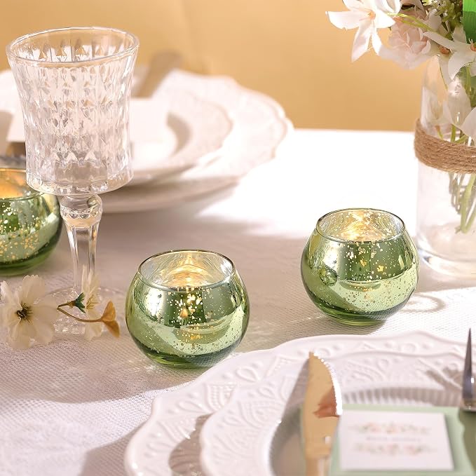 12 Pcs Green Candle Holder for Wedding Decor- Sage Green Mercury Glass Votives for Bridal Shower, Tea Party Table Centerpieces, Vintage Rustic Wedding