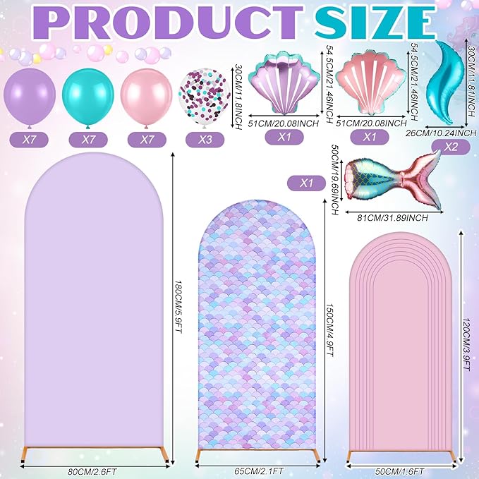 Foilswirl 34 Pieces Mermaid Birthday Party Decorations 4ft 5ft 6ft Mermaid Arch Backdrop Covers Spandex Arch Backdrop Cover Pink Purple Seashells Balloons for Summer Birthday Party