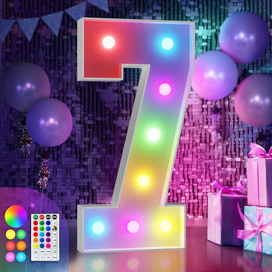 imprsv 3FT Colorful Marquee Numbers,18 Colors with Remote, Light Up Numbers 7 for 7th 70th Birthday Decorations Anniversary Party Decor, Pre-Cut Foam Board Kit, Mosaic Sign for Balloon