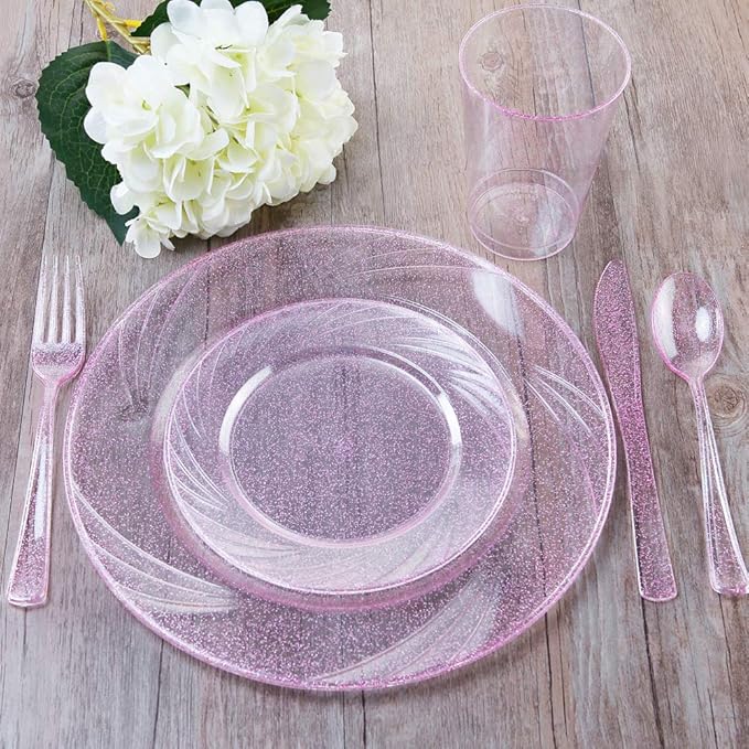 WDF Rose Gold Pink Plastic Plates with Pink Plastic Silverware include 40 Dinner & Salad Plates, 40Forks, 40 Knives, 40 Spoons for Party Baby Shower Wedding Spring Mother's Day