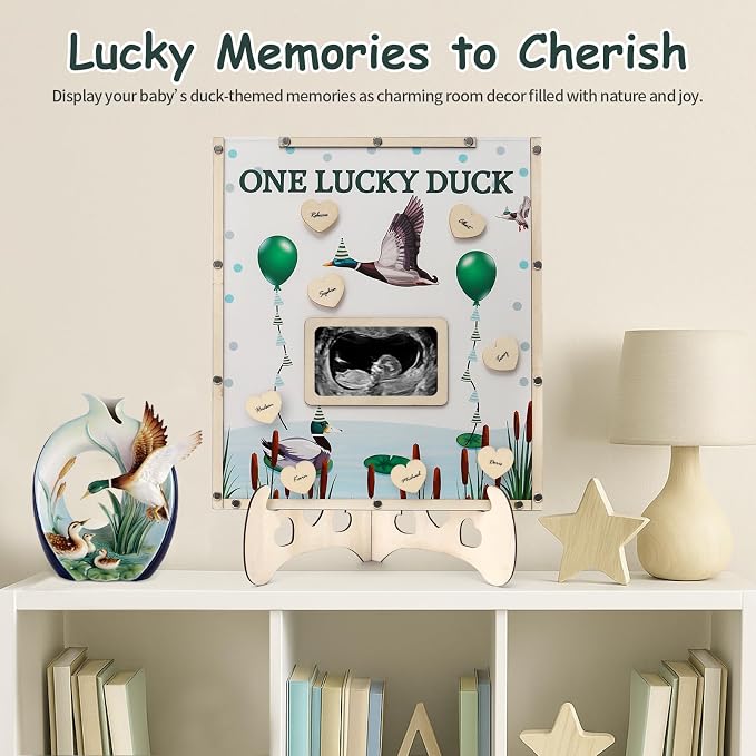 Mallard Duck Baby Shower Decorations,Baby Shower Guest Book Alternatives with Pen,Photo Frame and 60 Heart Wood Slices for 60 Guests,One Lucky Duck Birthday Decorations